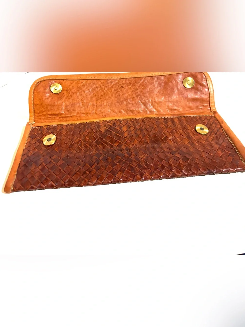 Vintage distressed Woven Leather Clutch in Rich Brown with Tan Trim